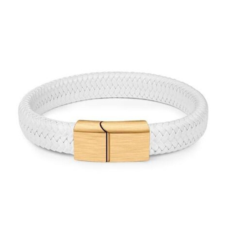 Unisex trend armbånd par smykker hvidt vævet læder metal magnetisk knap armbånd: 18cm- guld