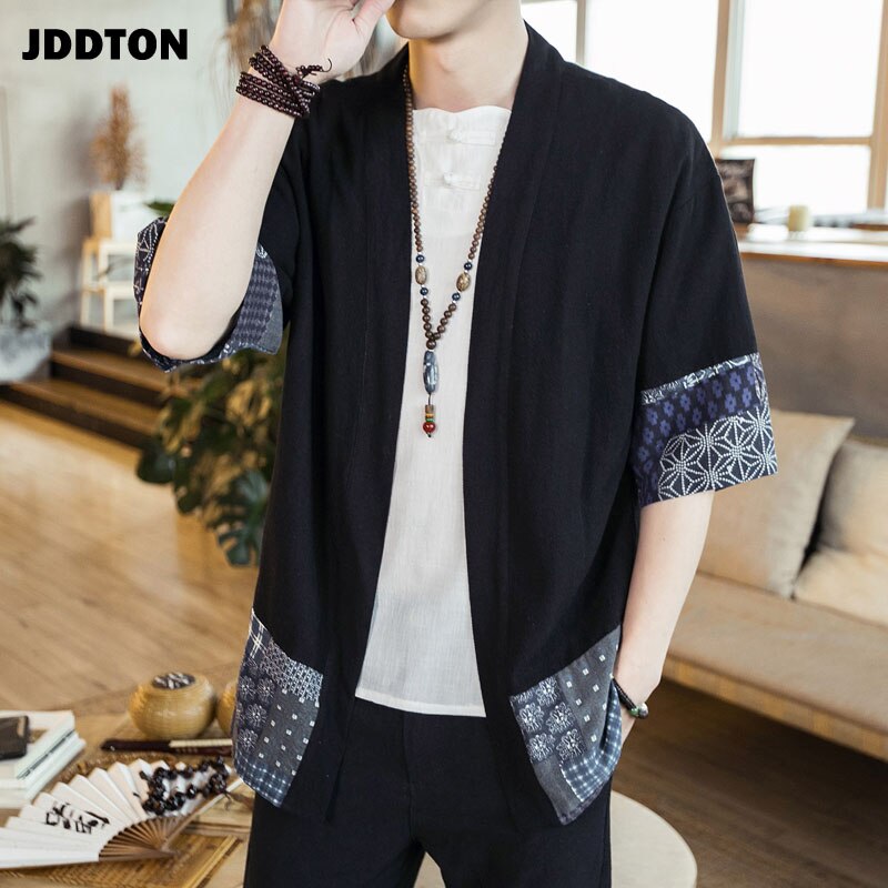 Jddton herre bomull lin kimono jakker fritid cardigan streetwear skjorter japansk samurai tradisjonelle uformelt kåper 5xl je011