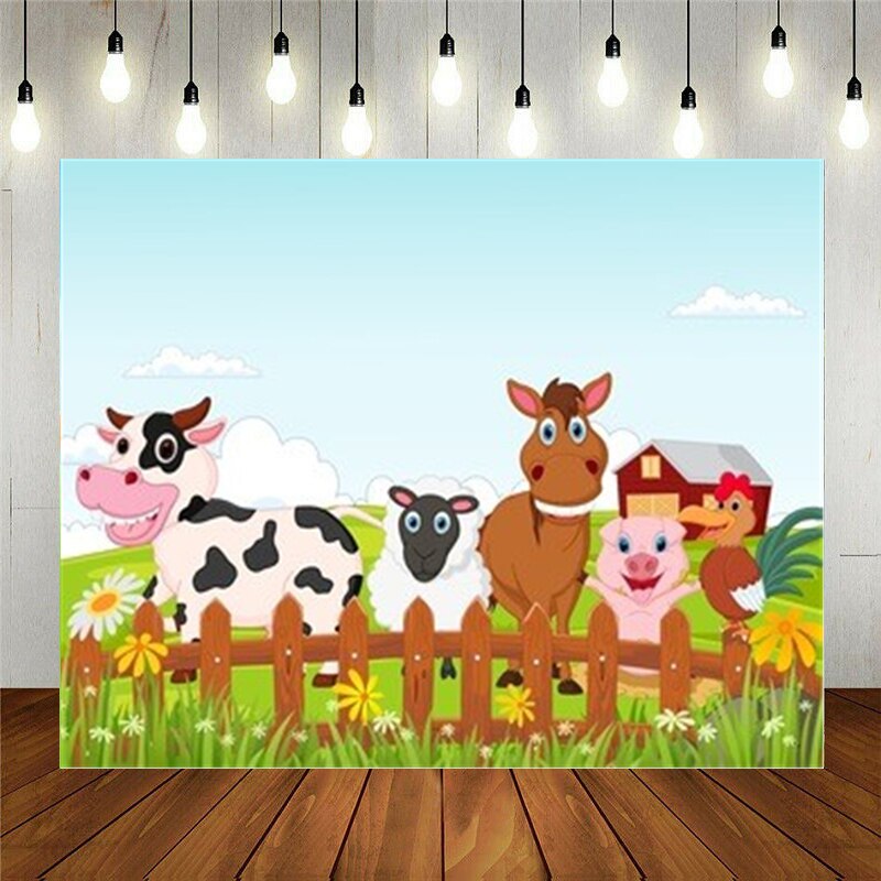 Fotostudio Props Fotografie Achtergrond Happy Farm Animal Cartoon Collection Vinyl Achtergrond Kids Verjaardagsfeestje Decoratie