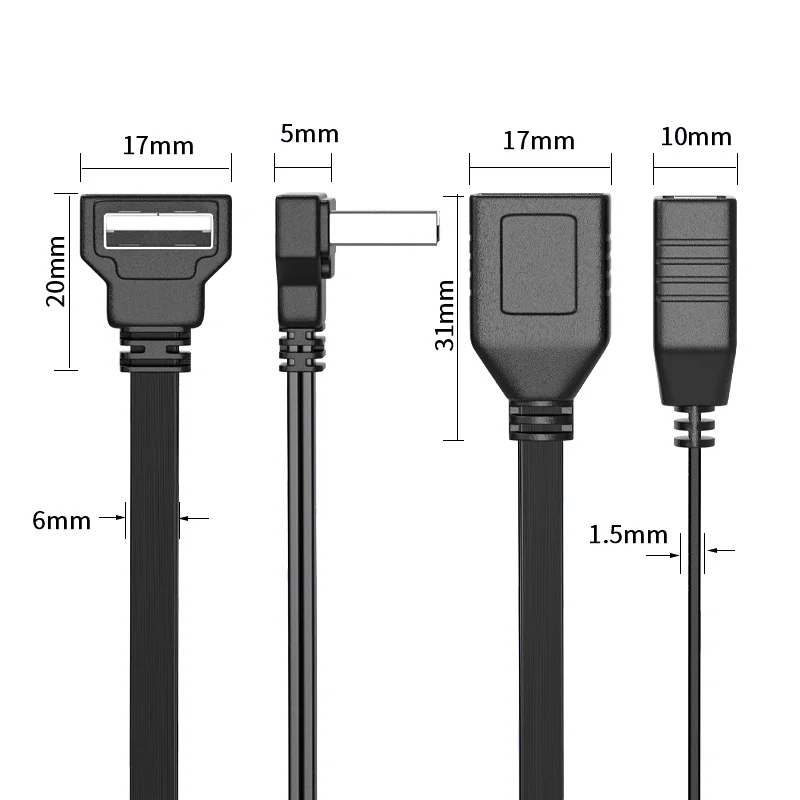USB 1 to 2 Elbow Computer Extension Cord 65W Fast Charging Flat Data Cable 10/20cm Mobile Phone Car Expander Carplay Splitter