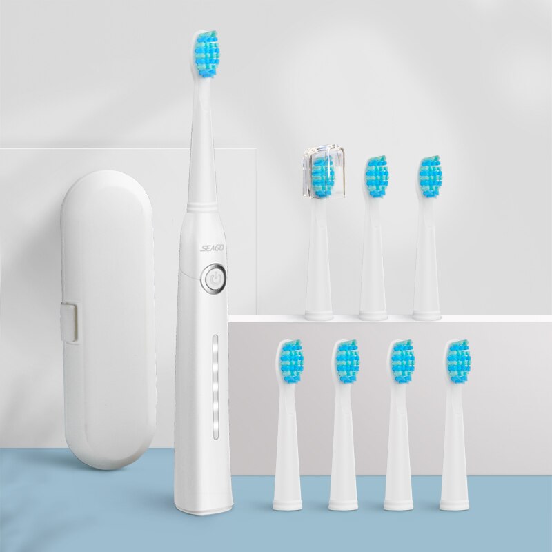 Seago Sonic Electric Toothbrush Tooth brush USB Rechargeable adult Waterproof Ultrasonic automatic 5 Mode with Travel case: white 8 heads box