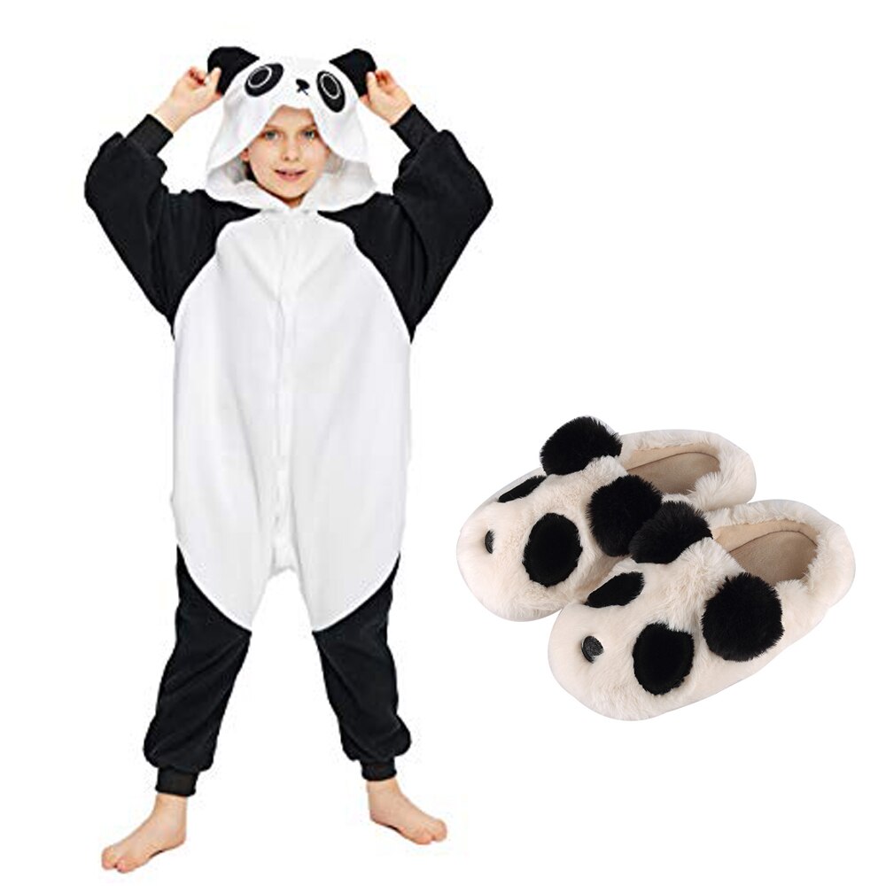 Cosplay Halloween Unisex Kind Panda Een Stuk Pyjama Kostuum Met Warme Zachte Pluche Panda Slippers