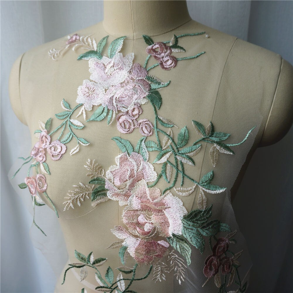 Grønne broderede blomster blade gren applikationer stof bryllup kjole blonder trim krave mesh sy patch til kjole diy dekoration