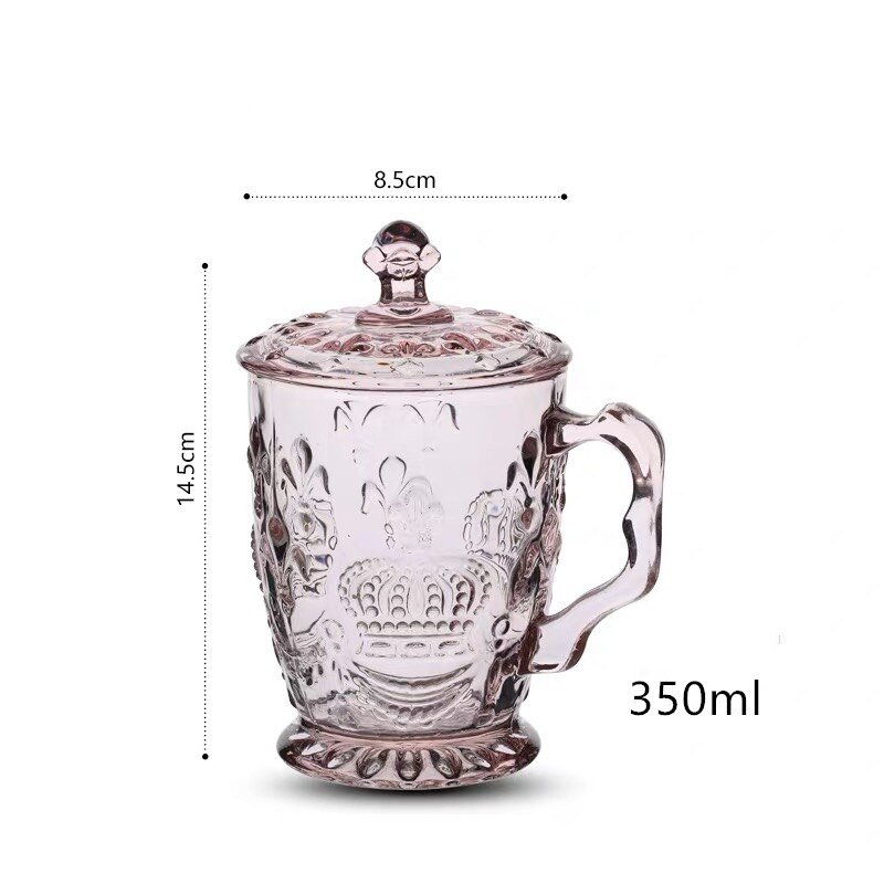 Glass crystal mug with lid European retro embossed flower color thickened 350ml office drink milk tea drink juice cup: Pink
