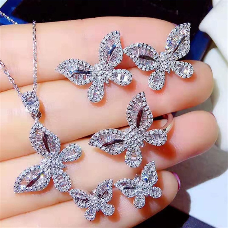 Butterfly Earring Pendant Ring Jewelry set Real 925 sterling silver bijou cz Wedding Earrings Rings necklace for women Jewelry