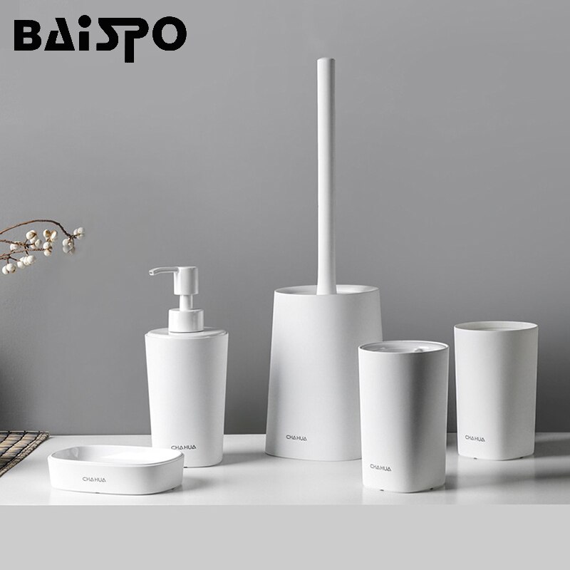BAISPO 5 stks/set Badkamer Accessoires Sets Thuis Plastic Sets Tandenborstelhouder/Zeepdispenser/Tumbler/Zeepbakje/ toiletborstel