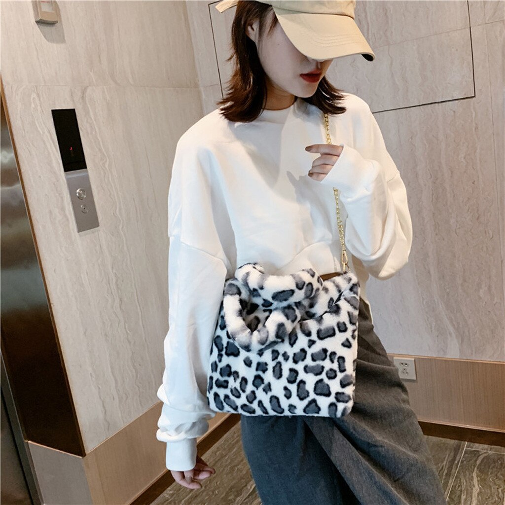 Leopard aufbringen Punkt Handtasche Winter Frau Warme Pelzigen Tasche Plüsch Handtaschen Neue Kette Schulter Taschen Für Frauen Handtasche