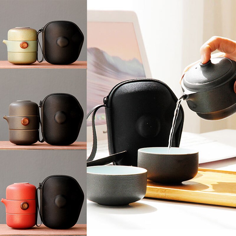 Travel portable tea set Ceramic personal teapot One pot two cup set Office travel portable ceramic teapot