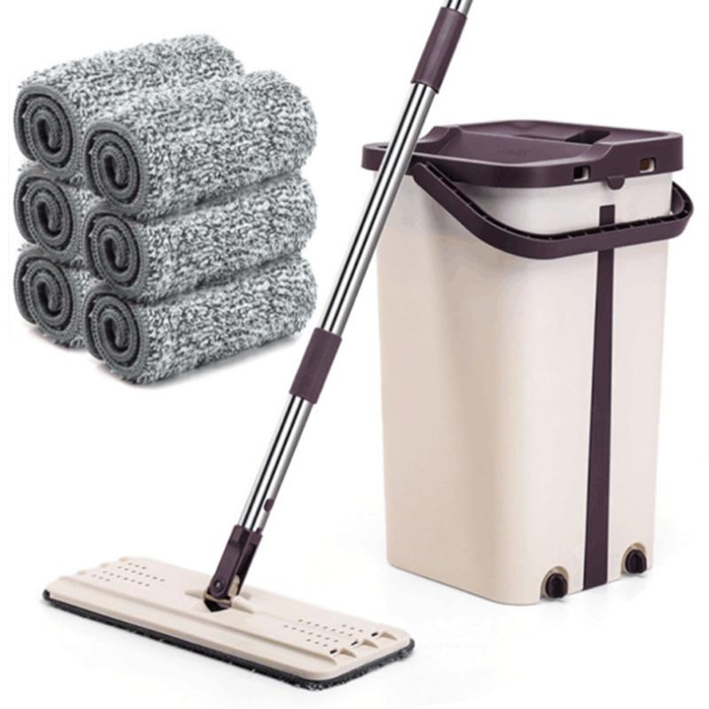 Flat Squeeze Floor Cleaning Mop with Bucket Hand-Free Wringing Mop Wet Dry Usage Automatic Spin Self Cleaning Mop Supply: 6 Mop and Mop Head