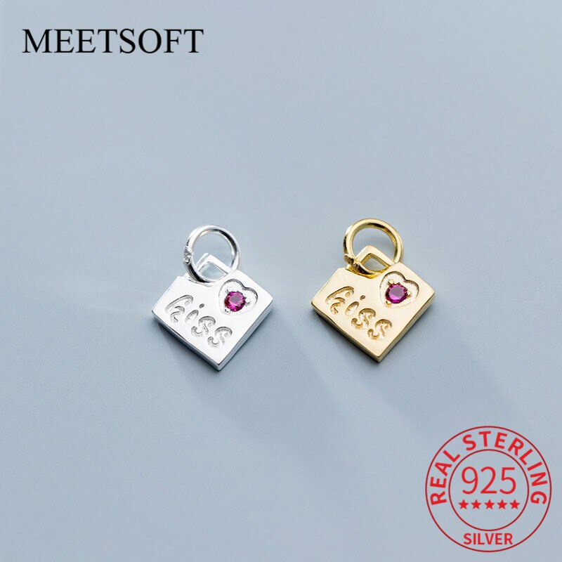 Meetsoft Sekretariat 925 Sterling silber quadratisches schild buchstabe rosa zirkon anhänger diy handgemachter schmuck halskette dekoration accessoire