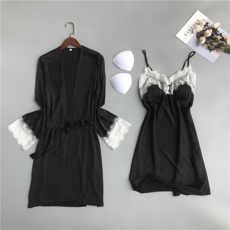 Sexy Robes ensembles solide Kimono 2 pièces Robe Peignoir vêtements de nuit Peignoir Robes de mariée en dentelle Robes de demoiselle d'honneur H174