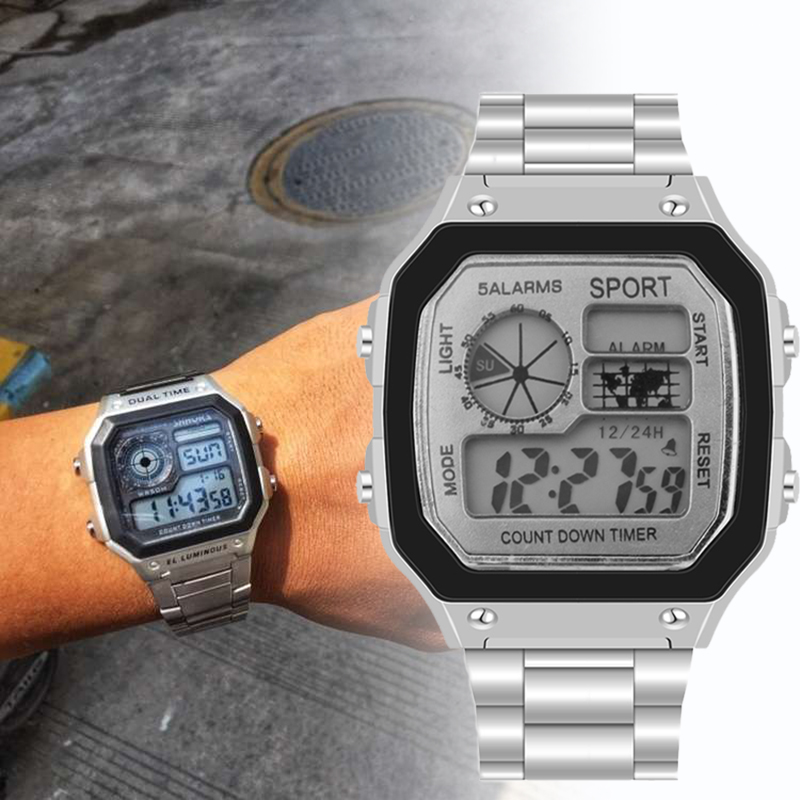 Stål bælte ur herre sport digitale ure kronograf vandtæt ur luksus business armbåndsure mænd sport ur relogio