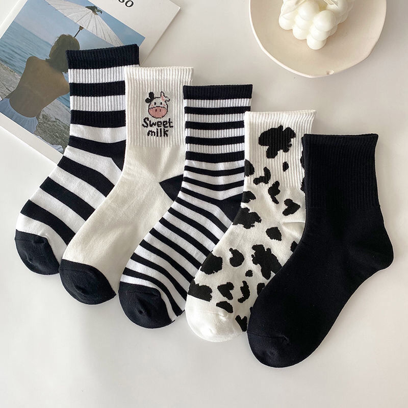 3 Pairs Socks Set Women's Socks Cow Print Ins Black And White Lovely Versatile Socks Stripes