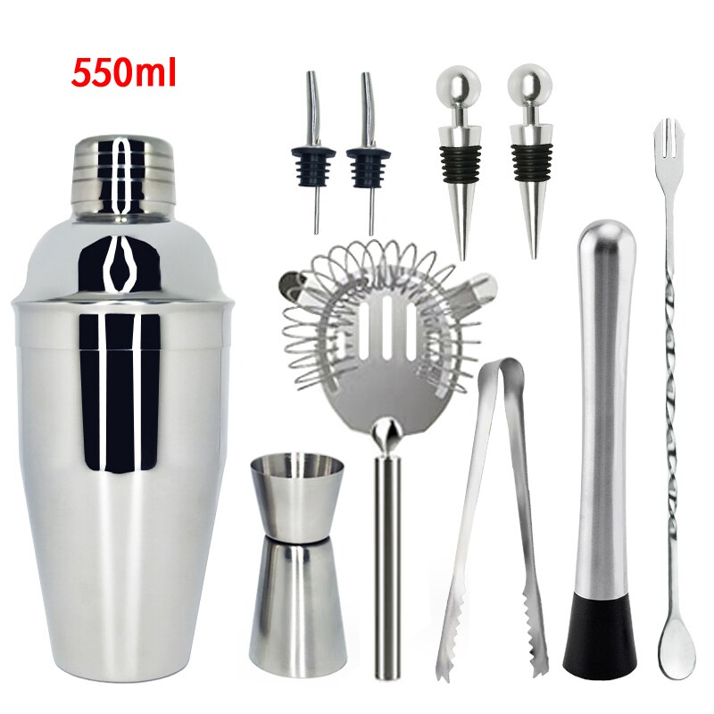 Stainless Steel Cocktail Shaker Muddler Strainer Tong Spoon Pourer Jigger Cork 550/750ml With Wine Rack Cocktail Recipe: 10Pc 550ml No Rack
