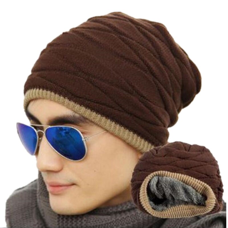 Unisex Voegen Fluwelen Mutsen Warme Gebreide Muts Man En Vrouwen Winter Hoed Effen Kleur Elastische Stijlen Cap Klassieke Winter baret: Coffee