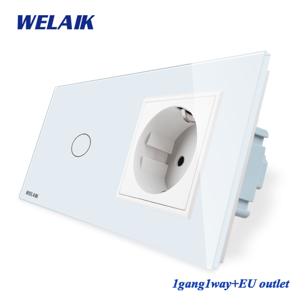 WELAIK 2Frame-Crystal Glass-Panel Wall-Switch EU Touch-Switch-Screen EU Wall-Socket 1gang-1way AC250V A29118ECW/B