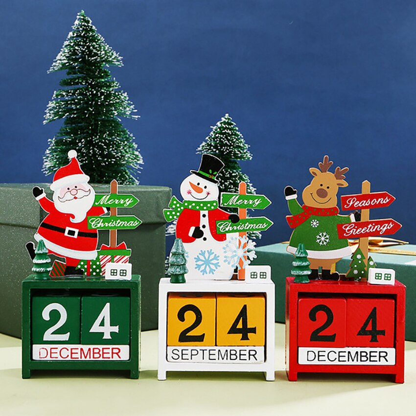 Christmas Countdown Calendar Wooden Blocks Desk Advent Calendar Elk Snowman Santa Retro Christmas Handmade for Home Office