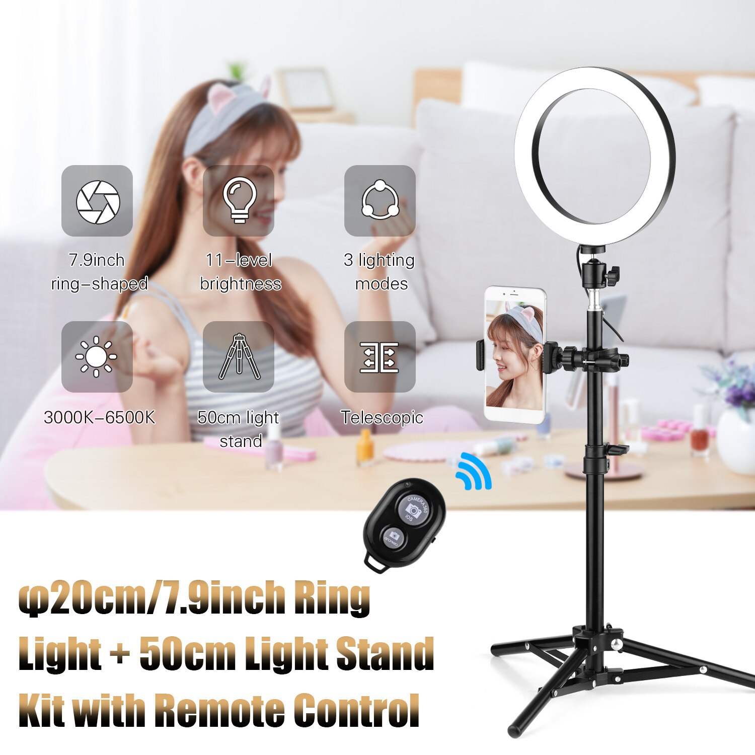 Ring Light Kit 20cm Diameter 3000K-6500K Bi-color Dimmable Ring Video Light + Mini Ball Head + 50cm Light Stand + Fixing Clamp