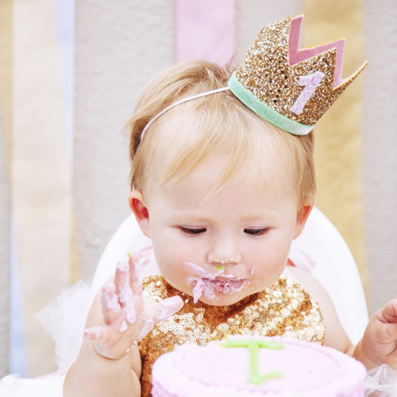 Priness Crown Number 1st 2 3Year Old Party Hat Glitter Birthday Headband Boy Blue Silver First Birthday Hat Girl Gold Pink