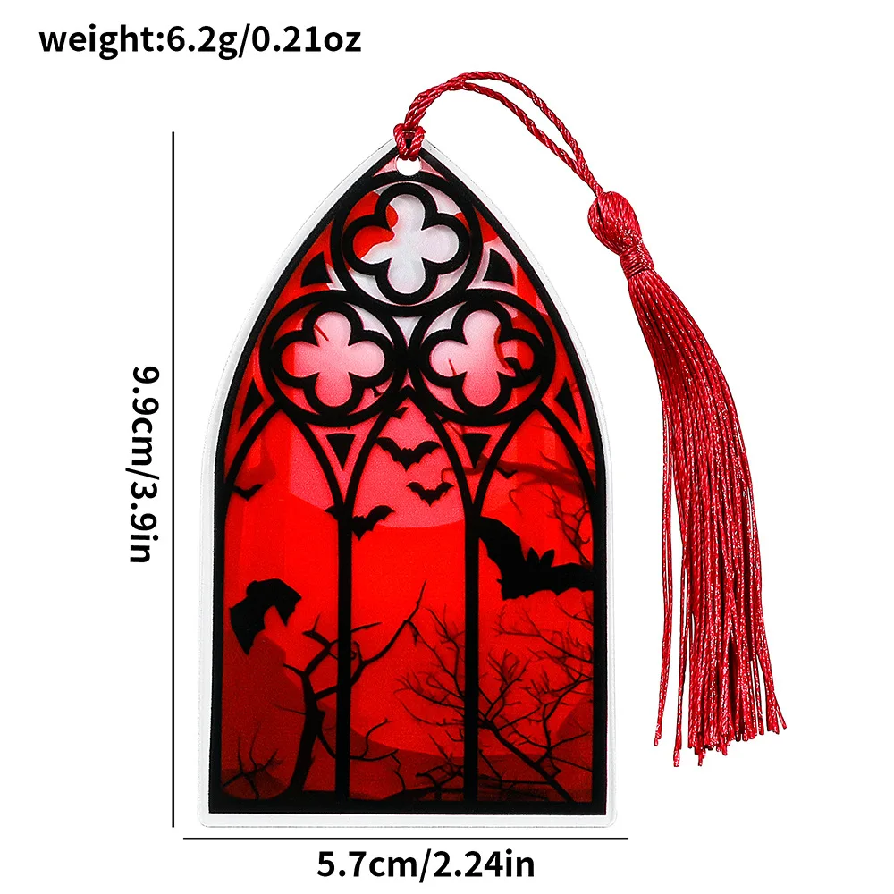Marcapáginas acrílico de estilo gótico, patrón de ventana de Color sangre, marcapáginas decorativos con borlas, adorno colgante para libro de lectura