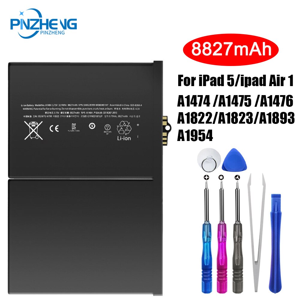 PINZHENG – batterie de remplacement pour tablette iPad 5 Air1, 8827mAh, A1474, A1475, A1476, A1822, A1823, A1893, a194, avec outil