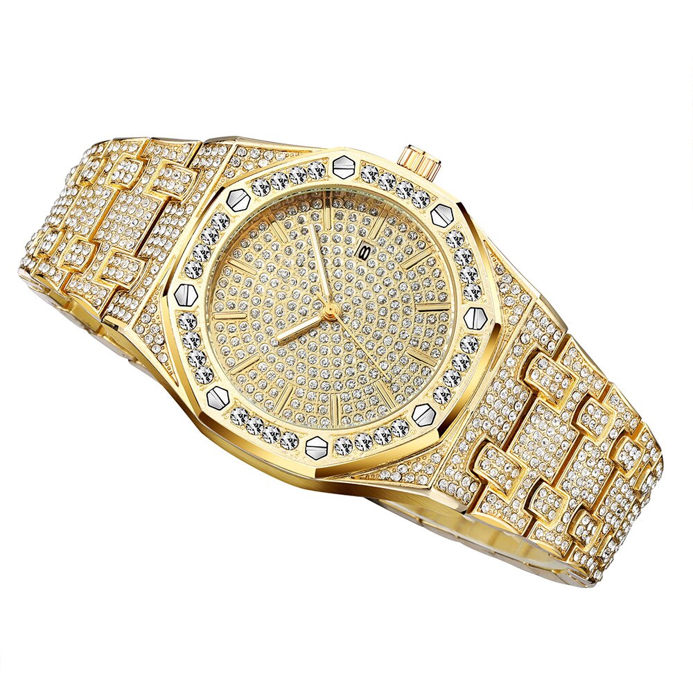 Reloj de pulsera con diamantes de acero dorado para hombre, cronógrafo masculino de de lujo, estilo Hip Hop,