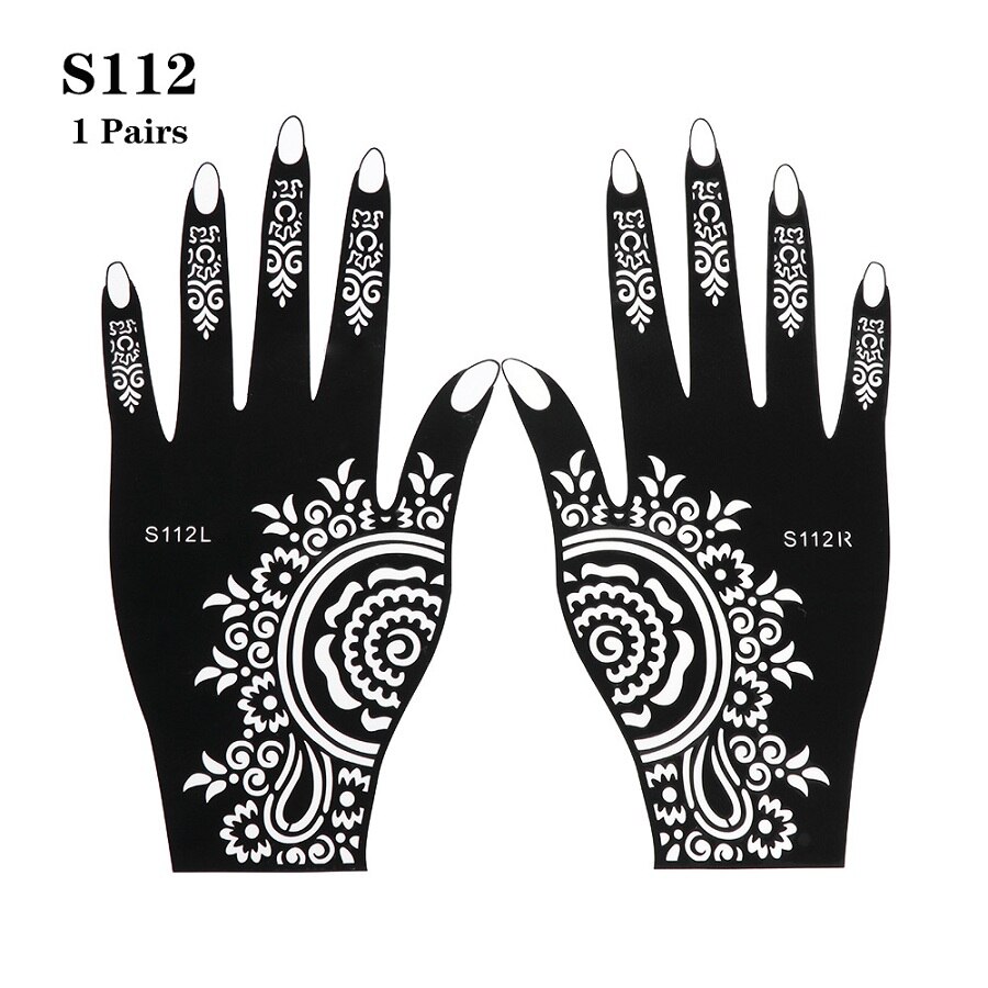 Pochoir en henné 2 pièces/ensemble | Autocollant temporaire de tatouage à la main, modèle d'art corporel, outil de mariage, pochoir de tatouage de fleur indienne: S112