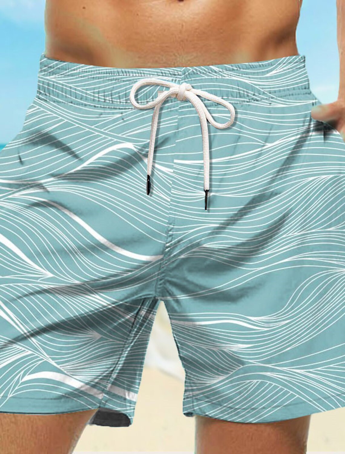 Herreshorts med snor, bølger, grafiske trykk, hurtigtørkende, avslappede hawaii-shorts: 5xl / beige