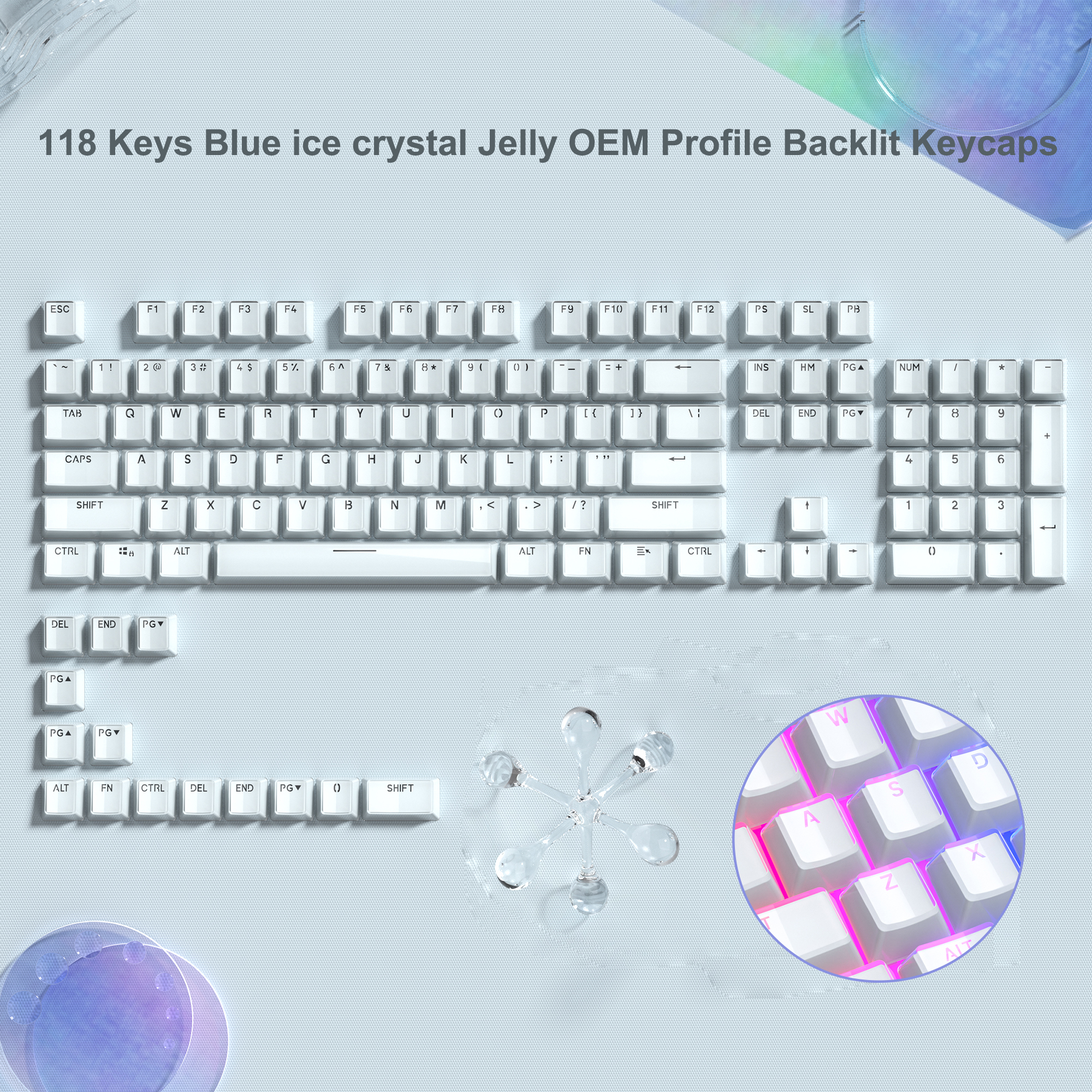 113 tasti blu gelatina superiore Stampa Profilo OEM Keycap Cristallo di ghiaccio Traslucido chiave cap per ciliegia MX 61 68 104 Tastiera meccanica: Grigio chiaro