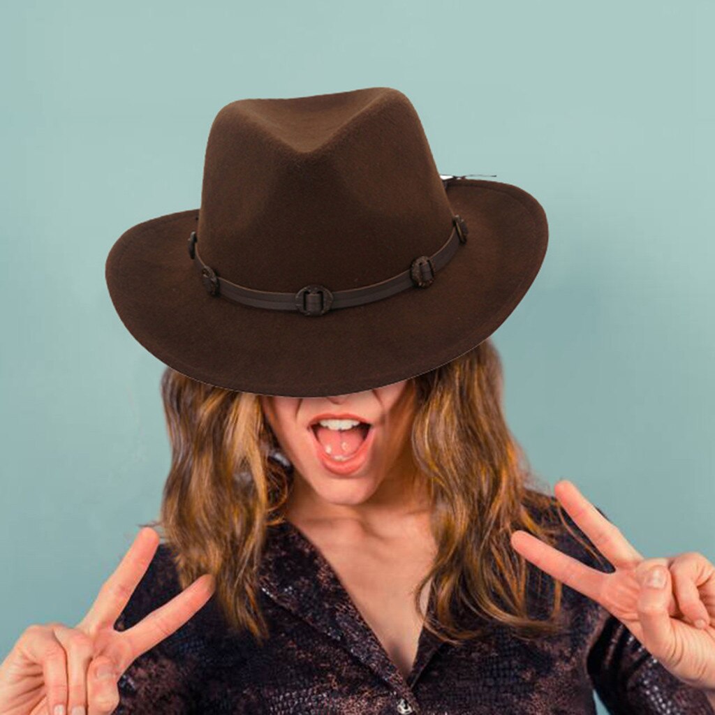 Solid Cowboy Hat Men Western Cowboy Hat Women Winter Cowboy Hat Roll-up Wide Brim Cowgirl Hat Classic Cattleman Hat De8