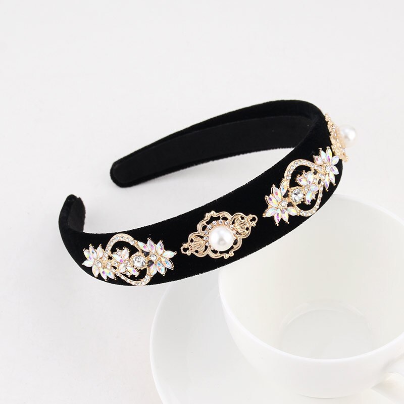 Hair Accessories Baroque Jeweled Pearl Hairband Crystal Rhinestone Bezel Velvet Satin Headband For Women Girls: Pattern 09