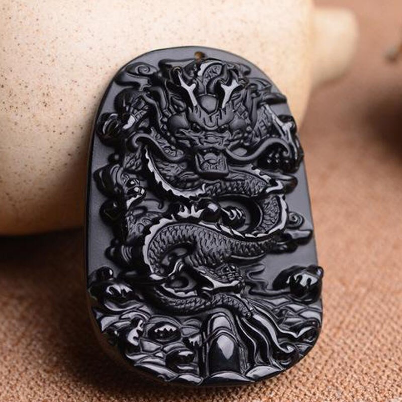 Yu Xin Yuan Mooie Chinese Handwerk Natuurlijke Jade Zwart Obsidiaan Gesneden Dragon Amulet Lucky Hanger Ketting Mode-sieraden