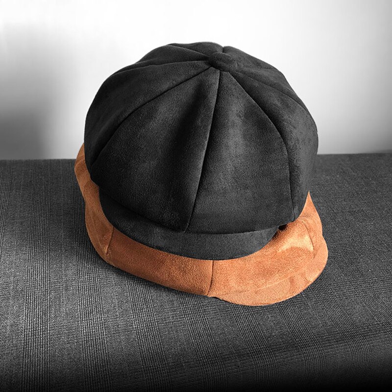 Retro Top Grade Suede Newsboy Caps Men Oversized head circumference Flat Caps Women British Gatsby Cap Autumn Winter Hat BLM223: black / S 54-56CM