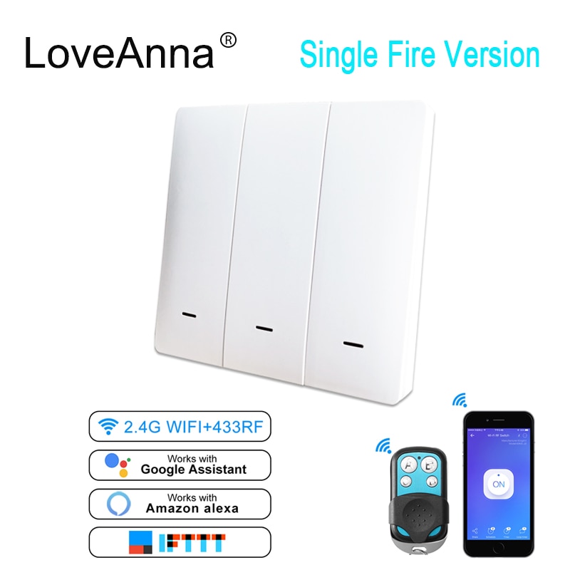 eWelink UK 1/2/3 Gang RF433mhz Wifi Smart Single Fire Wire Wall Light Switch Remote Control No Neutral Line Switch App Control