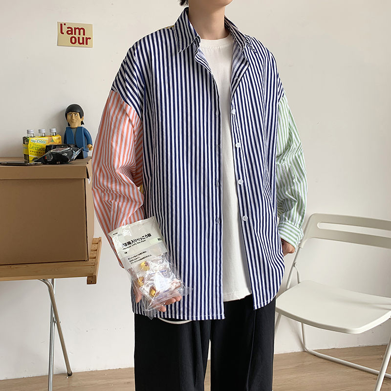 Camisa a rayas para hombre, camisa informal de negocios de Color contrastante, ropa de calle, camisa holgada de manga larga, camisa de vestir salvaje para hombre