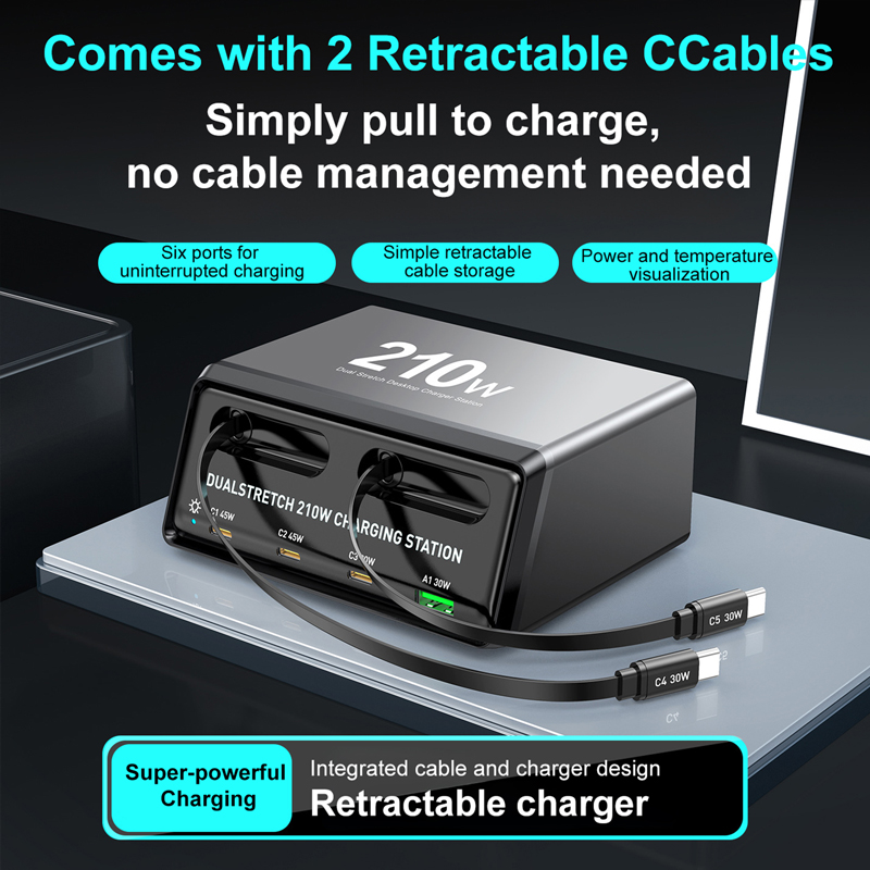 210W 6-in-1 Ladestation mit Einziehbarem USB-C-Kabel Power Combo Tower für Mehrere Geräte Schnellladegerät für iPhone, Airpod