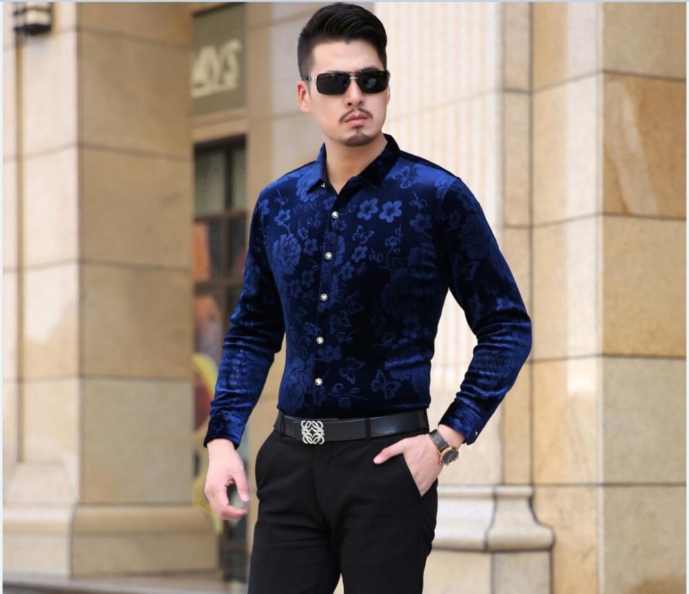 Heren fluwelen overhemd herfst & winter heren bloemen fluwelen overhemd lange mouw heren casual gouden fluwelen overhemden