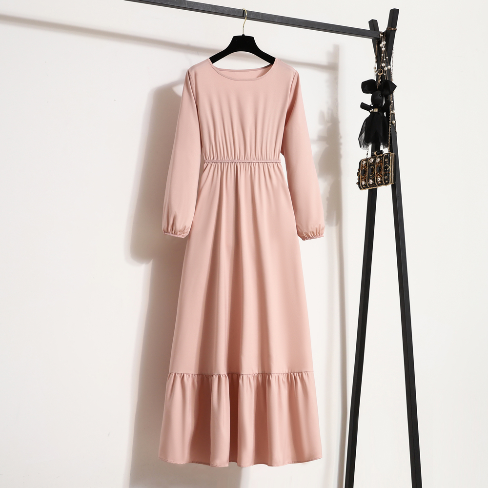 Women Long Dress Spring Autumn Mujer Vestidos Solid Full Sleeve O-neck Casual Chiffon Dresses Muslim Solid Loose Maxi Dresses: XL / Pink