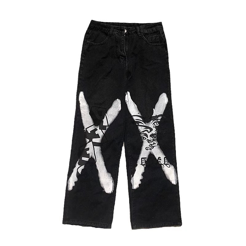 HOUZHOU-pantalones vaqueros negros para hombre, vaqueros de gran tamaño con estampado de Hip Hop, ropa de calle japonesa, Pantalones vaqueros de pierna recta: S