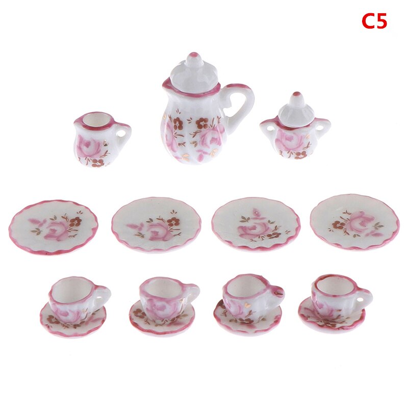 15Pcs 1/12 Doll house Miniature Blue Flower Patten Porcelain Coffee Tea Cups Ceramic Tableware Kitchen Accessories: C 5