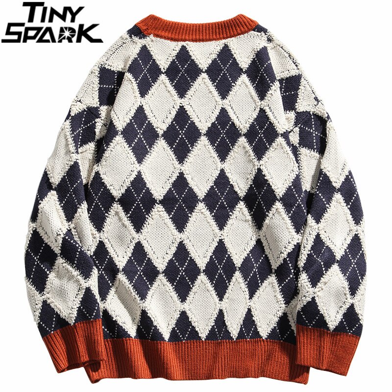 Hip Hop Trui Mannen Streetwear Harajuku Trui Argyle Gebreide Trui Katoen Casual Vintage Retro Plaid Trui Geruite