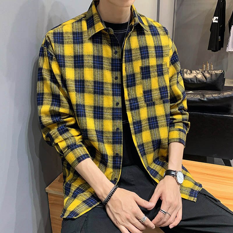 Jongens Plaid Shirt Lange Mouw Casual Student Shirt Mannen Plaid Shirt Slim Fit Lente Herfst Mannelijke casual Lange Sleev: Geel / M