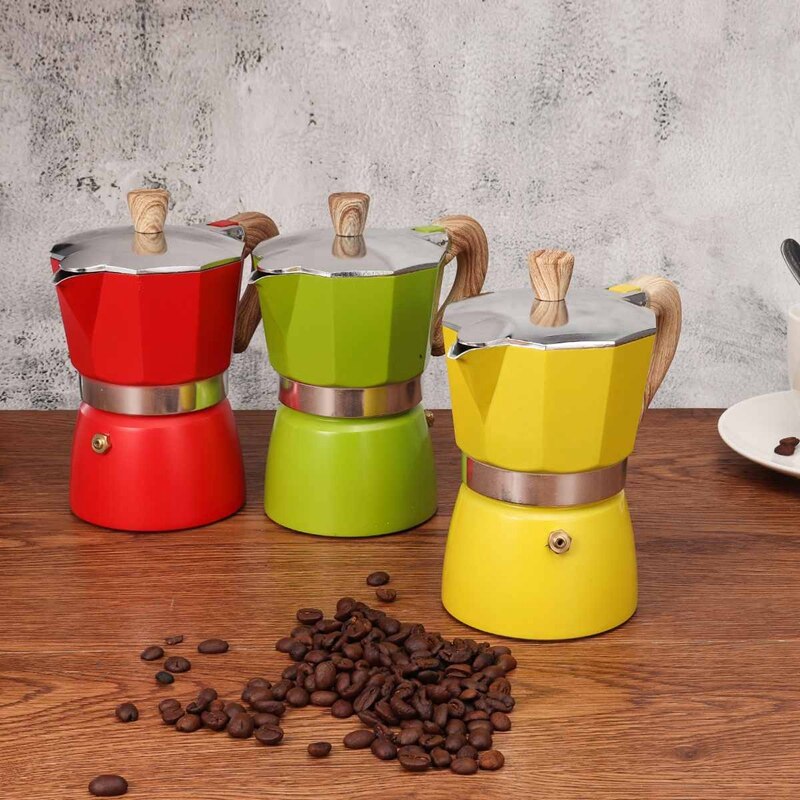 Aluminium italiensk moka espresso kaffemaskine filter komfur pot 3 kopper (gul)