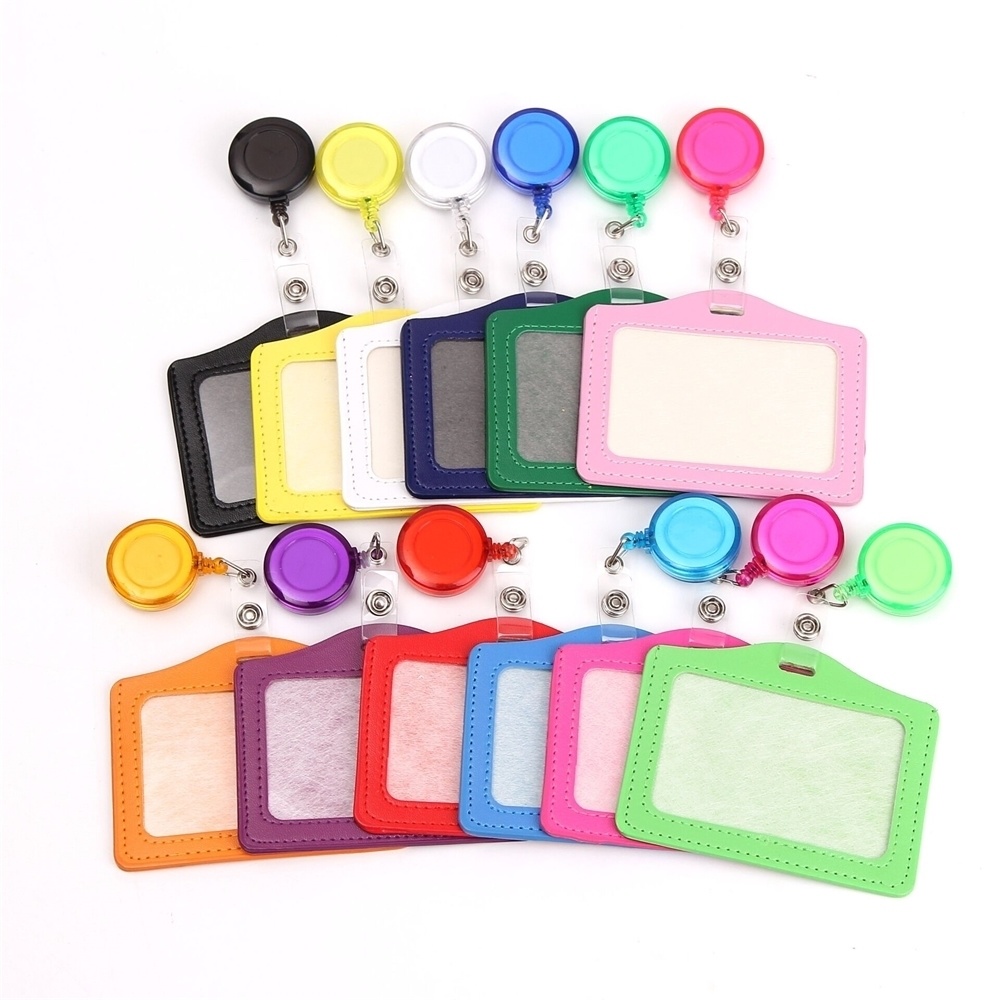 Pu Leather Id Card Holder with Retractable Badge Holder Clip Nurse Worker Students Name Card Holder Lanyard