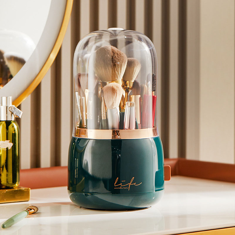 Makeup brush holder storage device with 360 degree rotation, dustproof makeup brush container, transparent acrylic cover, rotati: army green