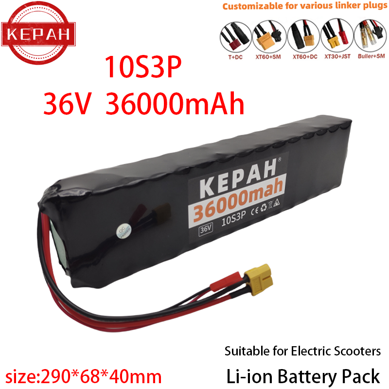 Akumulator litowy 36 V 36 Ah 18650 10S3P 500 W Zmodyfikowany akumulator do skutera elektrycznego 36 V z BMS, SYP XT60 JST