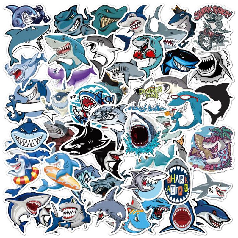 50Pcs Cute Animal Shark Stickers Laptop Skateboard Luggage Motorcycle Phone Guitar Toys