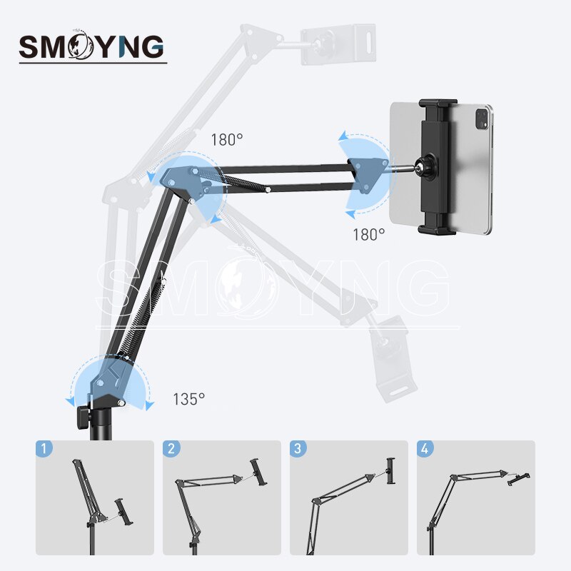 Smoyng 160Cm Schaalbare Flexibele Arm Floor Tablet Telefoon Standhouder Ondersteuning Voor 5-13 Inch Iphone Ipad Pro12.9 lounger Bed Mount