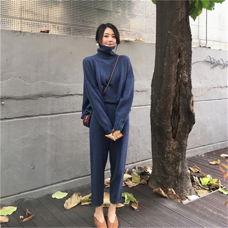 Huan-Qing Women's Vintage Knit Tracksuit Set - Turtleneck Sweater Top + Pants