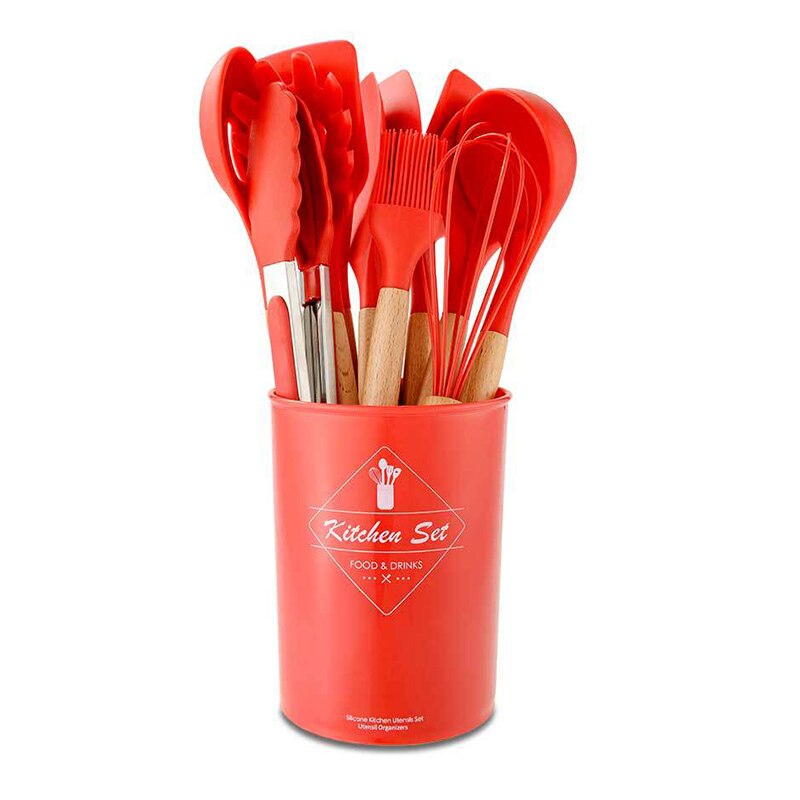 12/11PCS White Silicone Kitchenware Cooking Utensils Set Heat resistant Non-Stick Pan Cooking Spatula Spoon Wooden Handle: Red